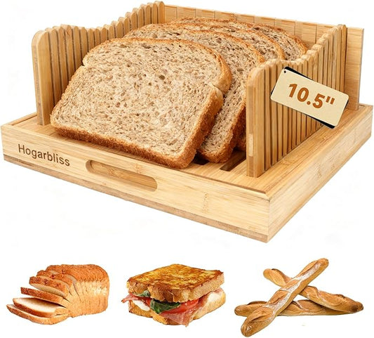 Bamboo Bread Slicer with Crumb Tray, 10.5″ Adjustable Bread Cutter & Bread Slicer Guide for Homemade Bread, Sourdough, Baguette & Sandwich – Foldable Kitchen Tool for Home Bakers