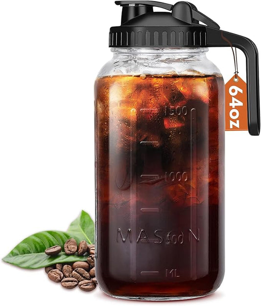 Mihlapi Glass Pitcher with Lid, 64 OZ Mason Jar Pitcher Double Leak Proof, 2 Quart Breast Milk Storage Containers for Fridge, Wide Mouth Glass Jar for Sun Tea, Juice, Cold Brew Coffee