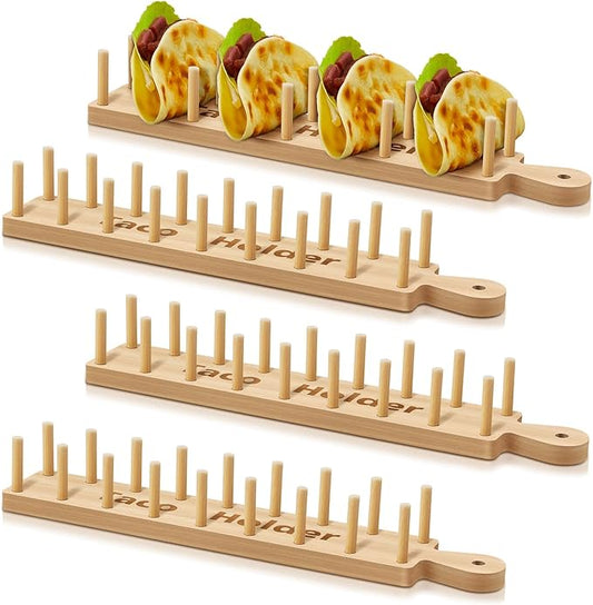 Pinkunn 4 Pcs Bamboo Taco Tray Holder Holds 8 Rack Tray Soft or Hard Shell Tacos Food Serving Stand for Tortillas Burritos Kitchen Accessory Housewarming Gift