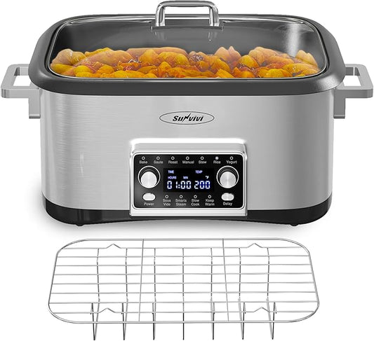 12 in 1 Programmable 8 Quart Slow Cooker, Multi-Cooker Food Warmer with Digital Timer, Temp Control, Removable Cast Aluminum Pot & Dishwasher-Safe Tempered Glass Lid, Stainless Steel
