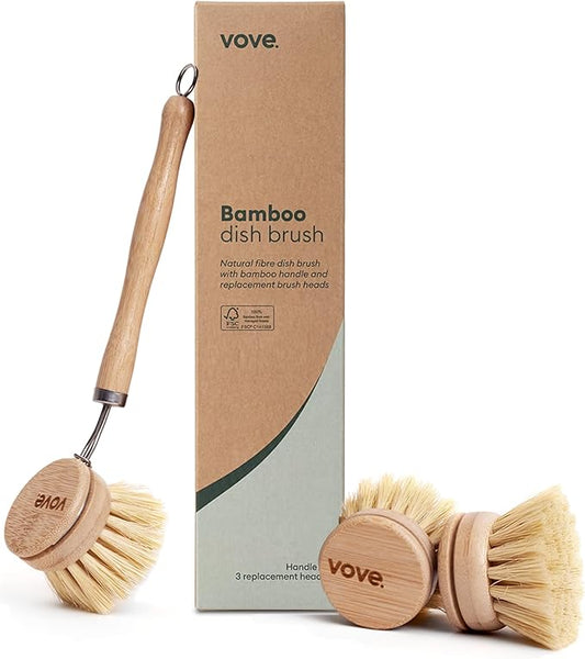 Vove Bamboo Dish Brush, FSC-Certified - Includes 3 Replacement Heads - Natural Fiber Bristles - Non-Toxic, Plastic-Free - Scrub Brush for Pots, Pans & Dishes