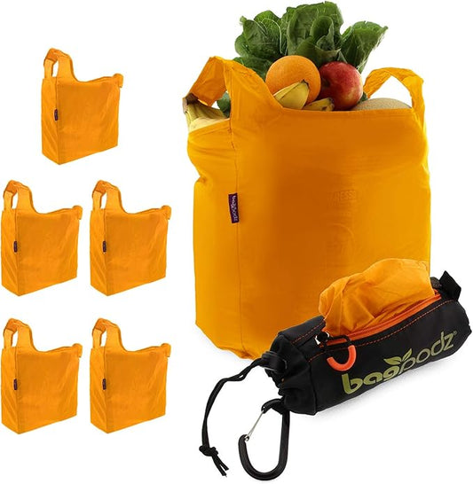 Sturdy Reusable Grocery Bags Foldable and Washable - Made From RipStop Nylon Hold 50lbs - Designed in USA Reusable Shopping Bags Inside a Compact Pod with Carry Clip - 5 Pack in Orange