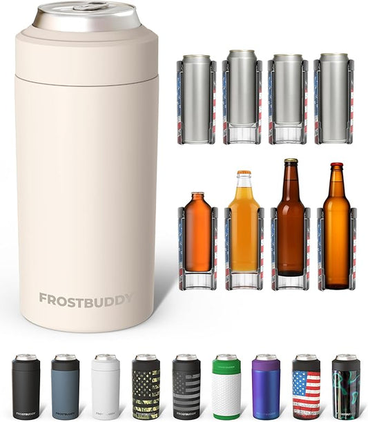 Frost Buddy Universal Can Cooler - Fits all - Stainless Steel Can Cooler for 12 oz & 16 oz Regular or Slim Cans & Bottles - Stainless Steel (Buttercream)