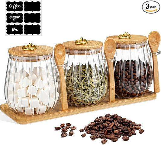 Suclain 3 Pcs Glass Coffee Container with Wooden Lid Spoon Shelf Labels Airtight Sugar Canister Set with Metal Handle Clear Jar Food Storage for Spice Coffee Bean Powder Housewarming Gift(Oval)
