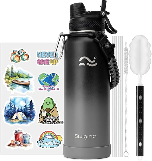 Swigina [2-IN-1 LID] Insulated Water Bottle with Silicone Boot (36hrs Cold/18hrs Hot) - DIY Stickers, Leakproof, BPA Free, 40 oz