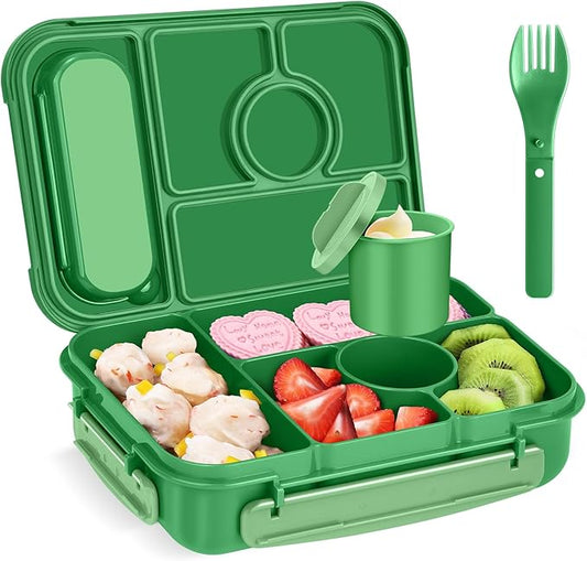 Amathley Bento Box Adult Lunch Box Kids,Lunch Containers for Adults/Kids/Toddler,5 Compartments Bento Lunch Box with Sauce Vontainers,Microwave & Dishwasher & Freezer Safe,BPA-Free (Emerald green)