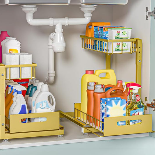 L-Shaped Under Sink Organizer, 2 Pack 2-Tier Pull Out Metal Kitchen Cabinet Organizer with Sliding Storage Drawer, Height Adjustable Heavy Duty Under Bathroom Sink Storage for Cleaning Supplies