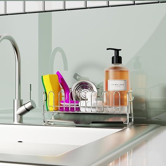 KABUM 304 Stainless Steel Sponge Holder for Kitchen Sink, Compact Sink Caddy with 4 Non-Slip Silicone Pads, Easy to Clean Rustproof 304 Steel, Kitchen Essentials, No-Tools Design (8.27x2.95x3.43)