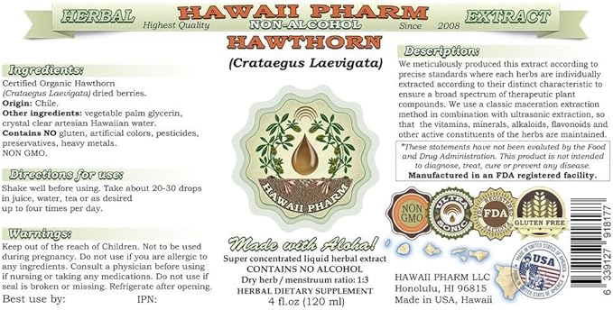 Hawthorn Alcohol-Free Liquid Extract, Hawthorn (Crataegus Laevigata) Dried Leaf and Flower Glycerite Hawaii Pharm Natural Herbal Supplement 15x4 oz