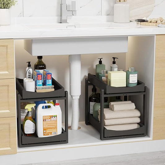 Bamboo Under Sink Organizer Adjustable Height 2 Tier Bathroom Organizer Pull Out Cabinet Storage Kitchen Heave Duty Wood Slide Ou Shelf for Kitchen Bathroom (Black, 2 Packs) (Black, 2 Packs)