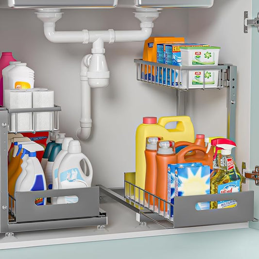L-Shaped Under Sink Organizer, 2 Pack 2-Tier Pull Out Metal Kitchen Cabinet Organizer with Sliding Storage Drawer, Height Adjustable Heavy Duty Under Bathroom Sink Storage for Cleaning Supplies