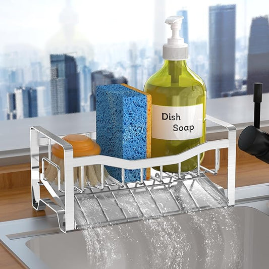 Maifan Stainless Steel Kitchen Sink Caddy Organizer with Auto Drain Tray, Sponge Holder for Countertop Storage Silver