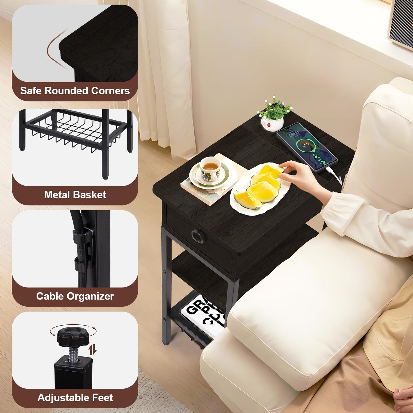 Cazacomzy Small Black Side Table Charging Station for Bedroom, Narrow Black Living Room End Tables with Storage, Skinny USB Nightstand with Outlet, Gaming Coffee Table for Couch with USB Ports