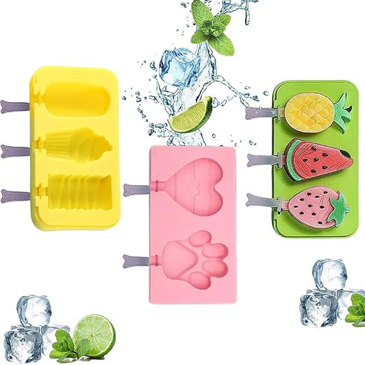 3 Pcs Cute Silicone Ice Cube Mold Set For Toddlers and Kids, BPA-Free Food Grade Ice Tray, Homemade Frozen Popsicle Maker Mold (3 PCS (fruit*1+love*1+ice cream*1))