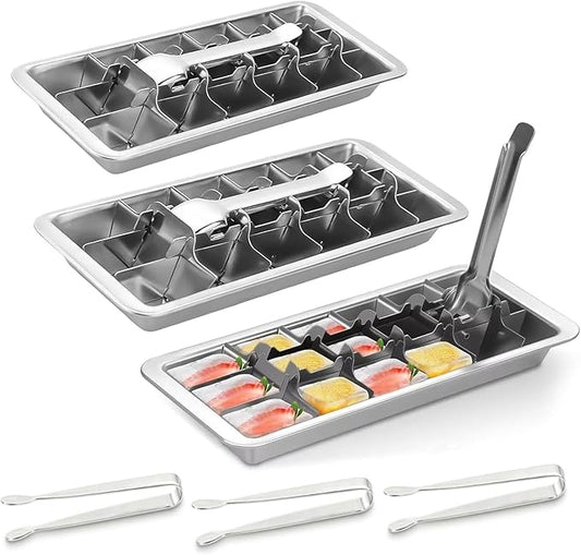 3 Pack 18-Slot Ice Cube Trays Stainless Steel - Professional Heavy Duty Metal Icecube Mold, Non-Toxic Freezer Tray with Lever Release, Bar & Kitchen Use, Send Goods from Local Warehouse