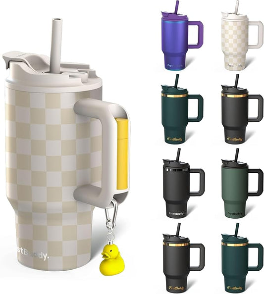 Frost Buddy Thicc Buddy - 16 oz Stainless Steel Vacuum Insulated Tumbler with Lid and Straw for Water - Travel Mug Cupholder Friendly - Gifts for Women Men Him Her (Beige Checkered)