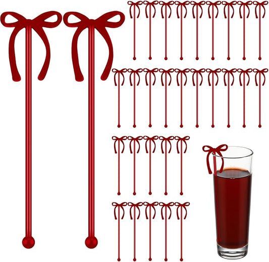 SiliFine 30 Pcs 6 Inch Party Drink Stirrers, Bow Stir Sticks Coffee Stirrers Reusable Plastic Swizzle Sticks for Wedding Birthday Bridal Cocktail Decorations Galentines Supplies(Burgundy)