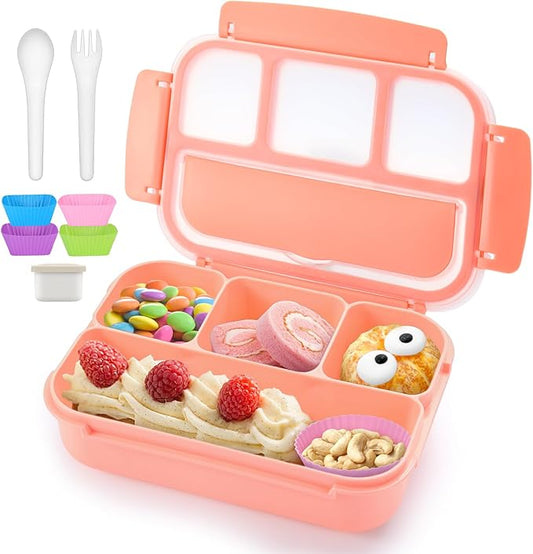 QQKO Bento Box Adult Lunch Box, Lunch Containers for Adults Men Women, Kids Lunch Boxes for School with 4 Compartments, Sauce Container, Utensils and Muffin Cups, Pink