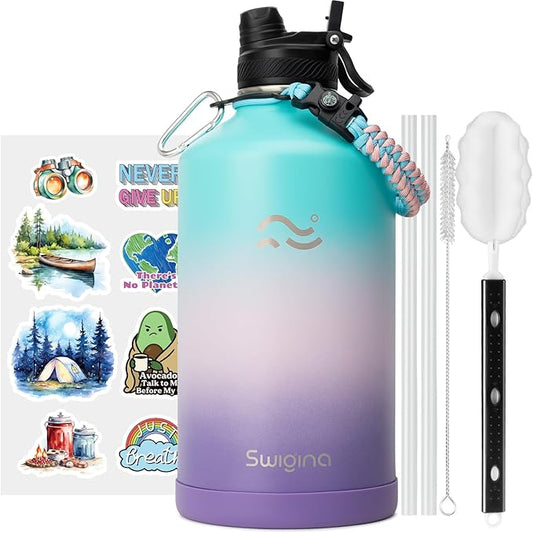 Swigina [2-IN-1 LID] Gallon Insulated Water Bottle with Silicone Boot (48hrs Cold/24hrs Hot) - DIY Stickers, Leakproof, BPA Free, 128 oz