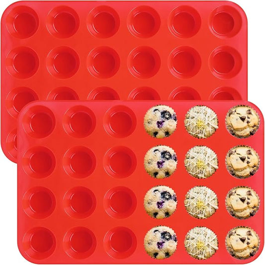 Sakolla 2 Pack Silicone Muffin Pan, Nonsticks 24 Cups Mini Cupcake Pans for Baking Muffin, Egg Bite, Cupcakes and Puddings (Red)