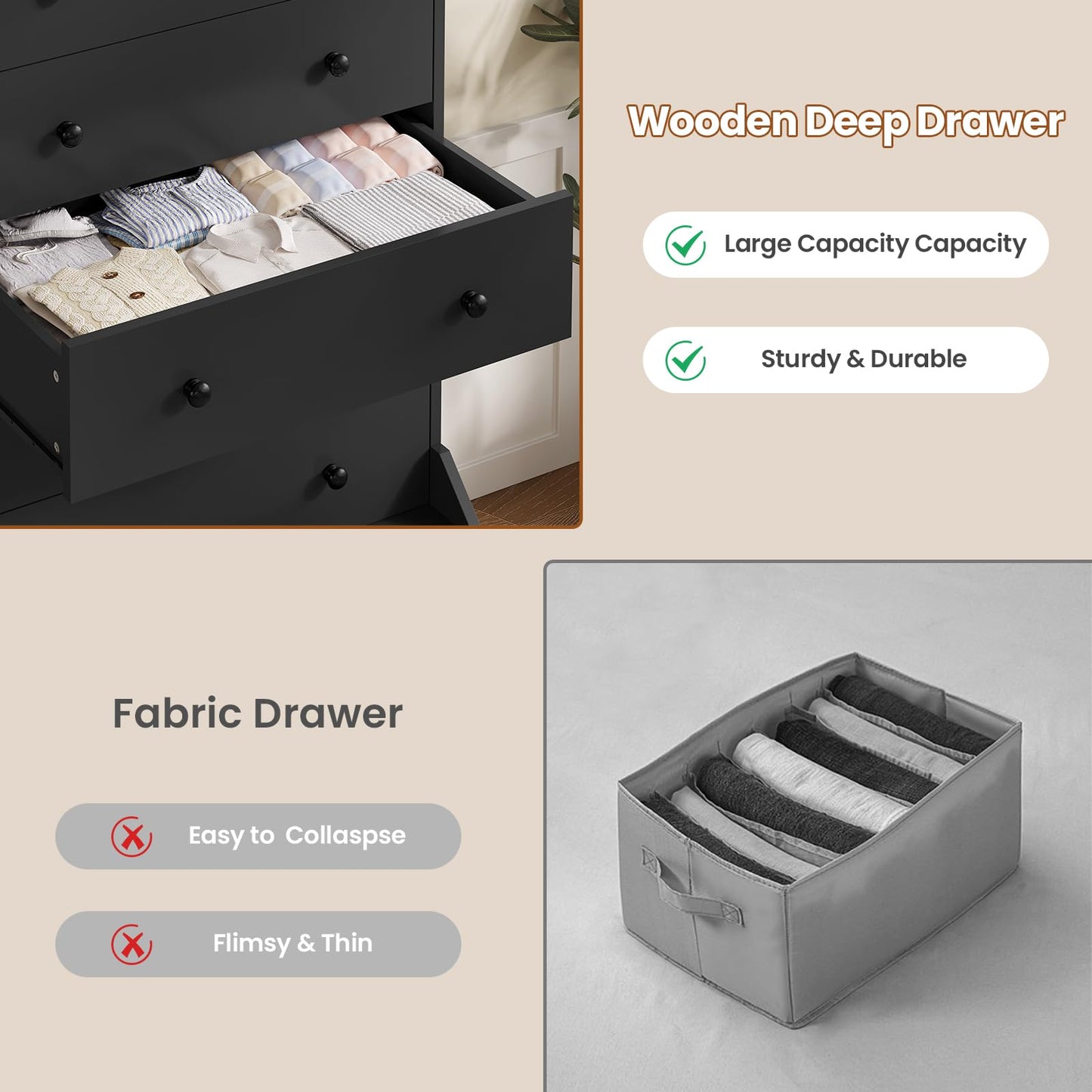 ADORNEVE 6 Drawer Dresser for Bedroom,55.1" Tall Black Chest of Drawers,Large Modern Vertical Dresser for Living Room,Hallway, Closet