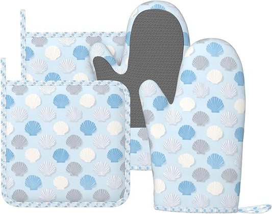 Oven Mitts and Pot Holders Summer Seashell Blue Pastel Silicone Kitchen Accessories Set of 4 Heat Resistant Long Gloves Potholder Non-Slip Grip for Chef Baking Cooking Grilling BBQ