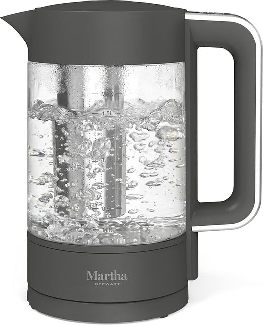 Martha Stewart  Electric  Kettle with Removable Stainless Steel Tea Infuser, Glass Carafe 1.7L (7 Cups), Hot Water Boiler, 4 Presets, Keep Warm & Auto Shut-Off, Cordless 360° Swivel Base, Caviar Gray