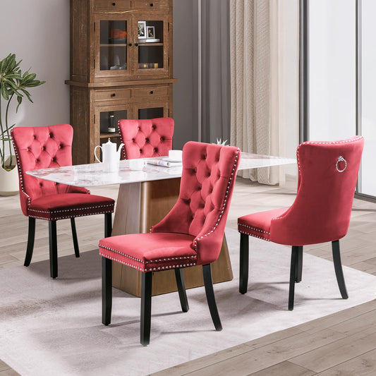 SoarFlash Velvet Dining Chair Set of 4, Upholstered Tufted Dining Room Chair with Nailhead Trim and Solid Wood Leg for Kitchen (Wine Red)