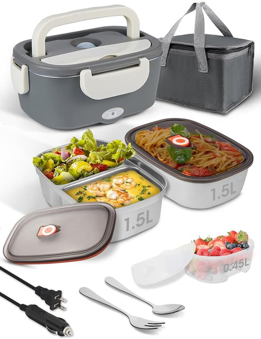 SOHIDA Electric Lunch Box Food Heater, 80W Heated Lunch Box for Adults, 12V 24V 110V Portable Food Warmer LunchBox for Car Truck Work with Removable 304 Stainless Steel Container White