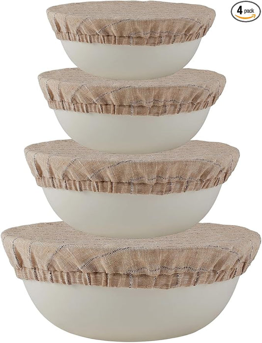 100% Pure Linen Bowl Covers For Bread Proofing, 4 Pcs Elastic Reusable Bowl Covers Large Ticking Striped Cloth Fabric Stretch Sourdough Lids, 6 * 8 * 10 * 12 Inches- Linen