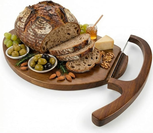 Sourdough Bread Slicer & Bow Knife Set - High Arch Bread Cutter for Homemade Bread - Heavy Duty Wooden Cutting Board with Deep Groove for Hard Crusts - Magnetic Design, Unique Sourdough Shape