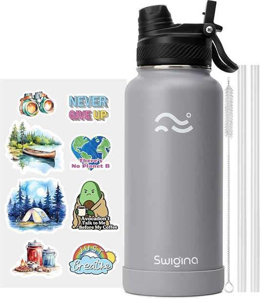 Swigina [2-IN-1 LID] Insulated Water Bottle with Silicone Boot (36hrs Cold/18hrs Hot) - DIY Stickers, Leakproof, BPA Free, 32 oz