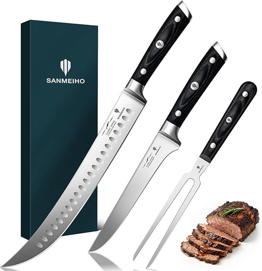 3Pcs Carving Knife Set with Sheath – for Turkey, Meat, BBQ, Brisket, Razor Sharp Slicing Knife, Professional 5Cr15MoV Stainless Steel, Ergonomic Full Tang Wood Handle, Gift Box Included