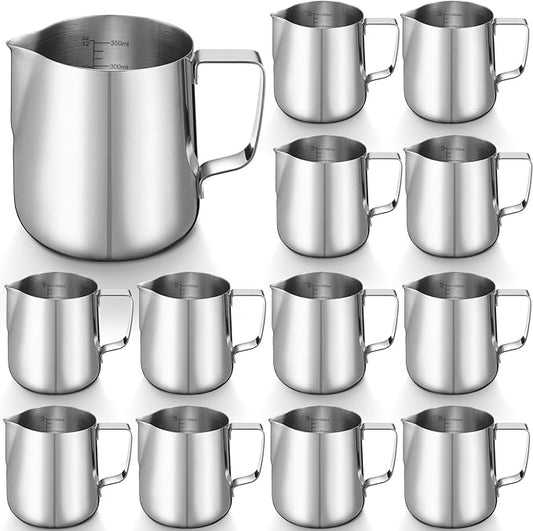 Honeydak 12 Pcs Milk Frothing Pitcher 304 Stainless Steel Steaming Pitchers for Coffee Bar Cappuccino Barista Tools Milk Jug Steamer Frother Cup (12 oz)