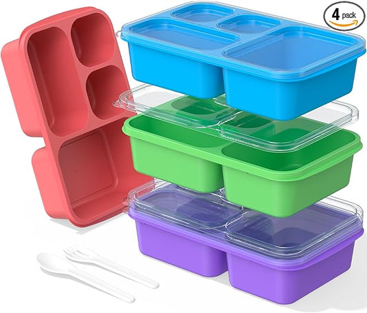 Bento Lunch Box - 4 Pack, 4-Compartment Meal Prep Containers, Adult Lunch Box, Microwave & Dishwasher Safe (Dark-PP(B/P/G/P))