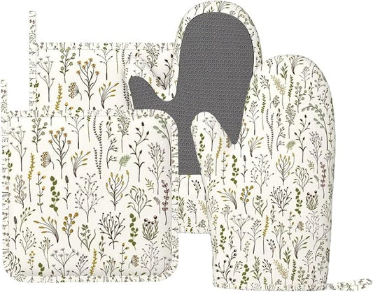 Colorful Wildplants Oven Mitts and Pot Holders Sets Silicone Wildflowers Kitchen Oven Mitts Hot Pads Heat Resistant Beige Potholders Kitchen Mitts Set for Baking BBQ Cooking