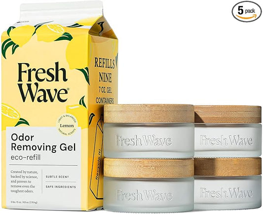 Fresh Wave Odor Removing Gel Eco-Refill, 63 oz. Lemon Scent | 4 Empty Refillable Glass Jars | 4 Room Set