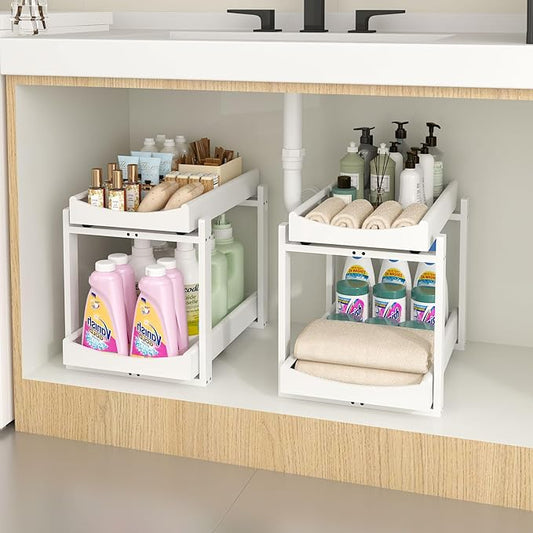 MHXW SXPN Bamboo Under Sink Organizer and Storage, Pull Out Cabinet Organization, 2 Tier Vertical Slide Out Undersink Storage Shelf, Organizer Shelves for Kitchen Bathroom Medicine (White, 2 Pack)