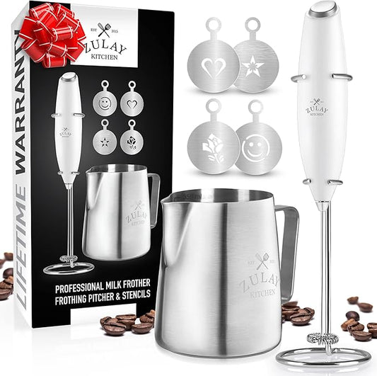 Zulay Premium Gift Milk Frother Set – Handheld Coffee Frother with Stand, 12oz/350ml Frothing Pitcher + 4 Latte Art Stencils – 13,000 RPM Motor, SS Whisk, Battery Operated – Barista Kit (White)