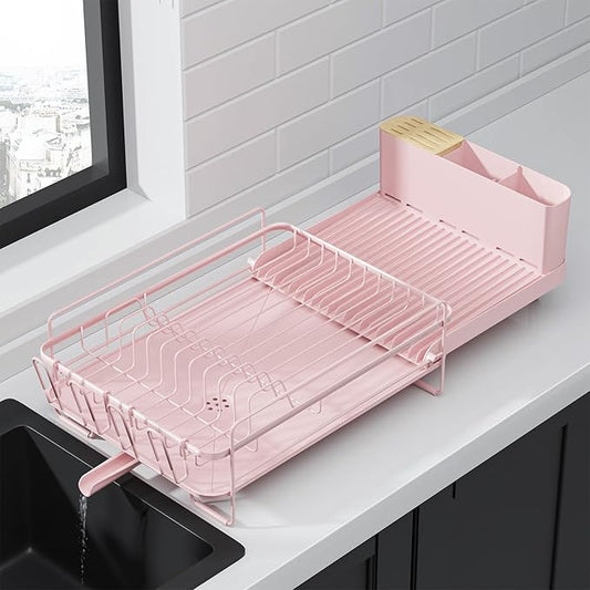 Kitsure Large Dish Drying Rack - Extendable Dish Rack, Multifunctional Dish Rack for Kitchen Counter, Anti-Rust Dish Drainers with Cutlery & Cup Holders 19.2"-26.7" L x 12.9" W, Pink