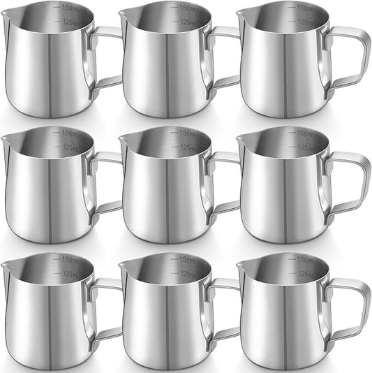 Honeydak 9 Pcs Milk Frothing Pitcher 304 Stainless Steel Steaming Pitchers for Coffee Bar Cappuccino Barista Tools Milk Jug Steamer Frother Cup (5 oz,Silver)