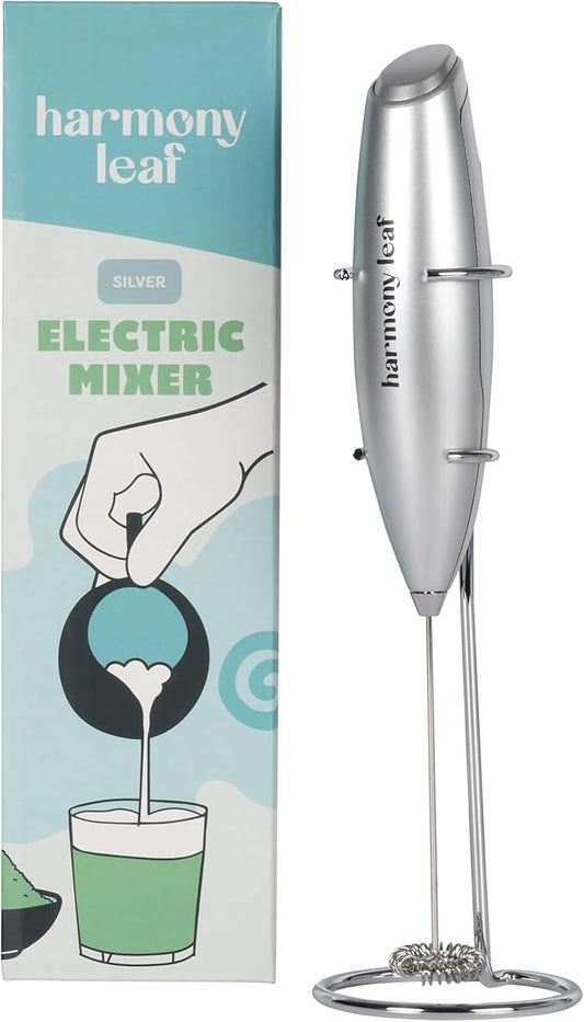 Harmony Leaf Handheld Milk Frother, Stainless Steel Electric Drink Mixer with Stand, Battery Operated Coffee Frother for Lattes, Matcha, Hot Chocolate and More, Silver