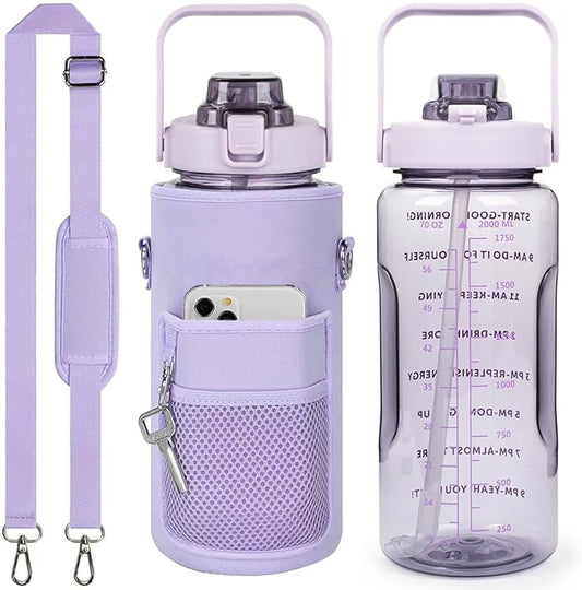Half Gallon Water Bottle with Sleeve, Motivational Water Bottles with Time Marker/Straw, BPA Free Leakproof Large Sports Water Jug for Women Girls (Pure Purple)