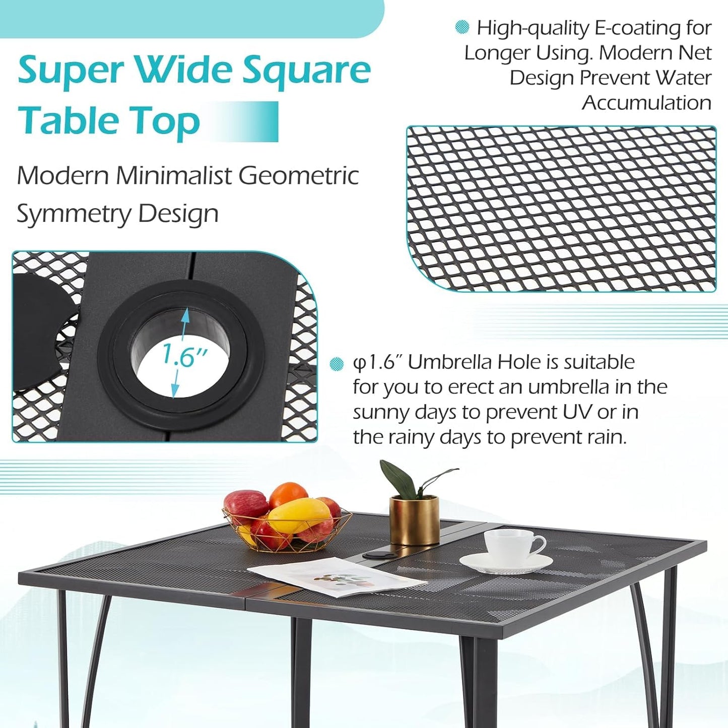 AECOJOY39.4 Outdoor Patio Dining Table and Chairs Set for 4, Square Metal Patio Table with 1.6" Umbrella Hole, All-Weather Resistant Outdoor Furniture Table Set for Patio, Backyard, Garden, Poolside
