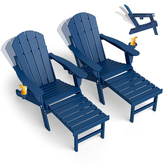 GREENVINES Adjustable Adirondack Chair with Retractable Ottoman Set of 2 | Folding | HDPE Plastic | Fire Pit Chairs w/Foot Rest | 2 Cup Holders | Blue | for Outdoor Patio Poolside Deck