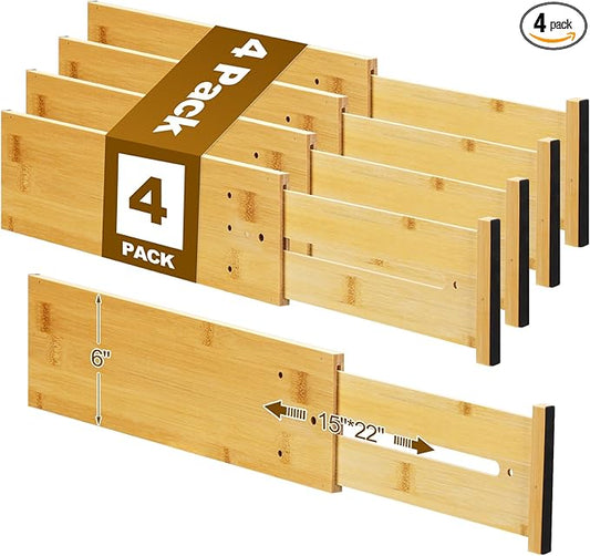 DoubleFill 4 Pcs Deep Bamboo Drawer Dividers, Deep Kitchen Dresser Drawer Organizer with Spring Loaded for Clothes, Adjustable Expandable from 15-22 Inch (Wood Color,6 Inch)