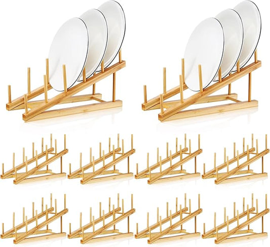 Suclain 10 Pcs Wooden Bamboo Dish Drying Rack Kitchen Cabinet Organizer for Cabinet Cutting Board Display Stand for Dish Plate Bowl Water Bottles Cup Pot Lid Cutting Board