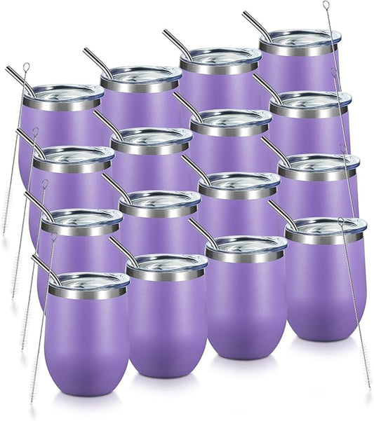 COMOOO Stainless Steel Wine Tumbler Glass Bulk with Lid and Straw 12oz Double Wall Vacuum Insulated Travel Tumbler Cup Stemless for Coffee Wine Cocktails Ice Cream Cup,Purple, 16 pack