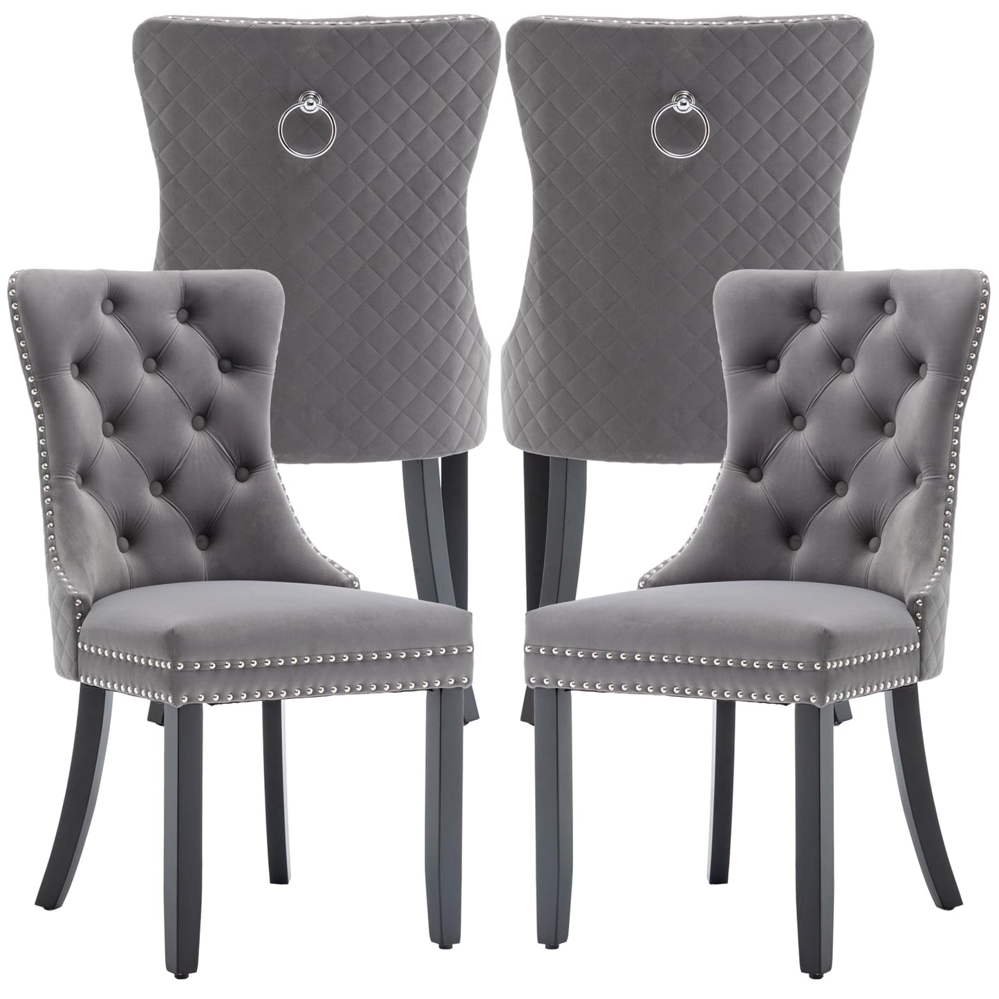 Systemkenji Velvet Dining Chairs Set of 4, Upholstered Dining Room Chairs with Nailhead Trim, Sillas de Comedor Modernas 4, Wooden Kitchen Chairs for Dining Room, Living Room, Kitchen, Bedroom, Grey