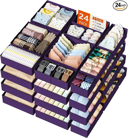 DIMJ Drawer Organizer Clothes - 24 Pack Closet Drawer Organizer Bins for Baby Clothes Storage, Fabric Dresser Organizer for Nursery Bedroom, Foldable Small Drawer Dividers for Underwear Socks